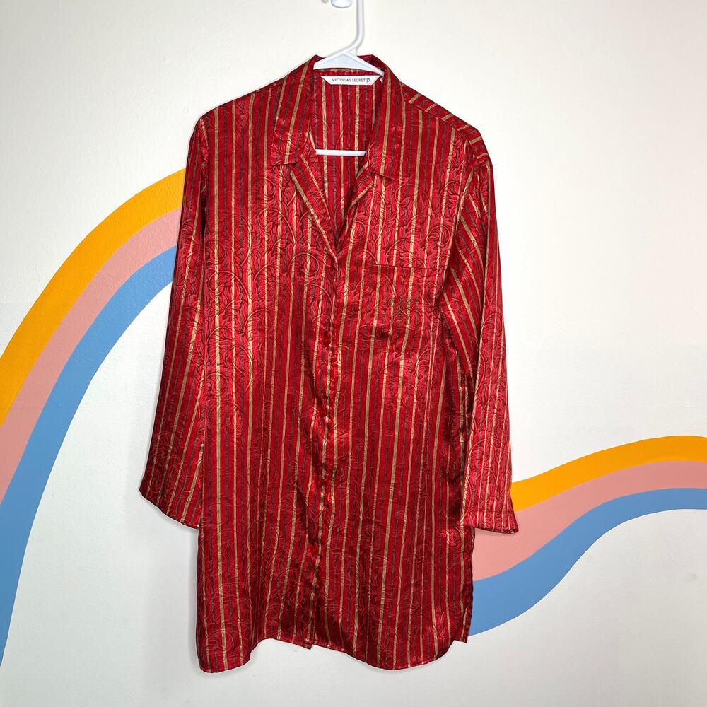 Victoria's Secret Satin Sleep Shirt‎ Dress Long Sleeve Button Down Striped Red S